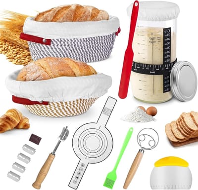 Complete Set voor Brooddeeg Fermentatie, 14-delige Starterset met Rieten Mand, Glasdeegschaaf, Brooddoos, Deegbezem en Siliconen Kwast voor Ambachtelijk Bakken