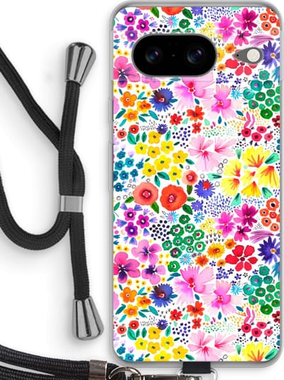 Case Company® - Hoesje met koord geschikt voor Google Pixel 8 hoesje met Koord - Little Flowers - Telefoonhoesje met Zwart Koord - Bescherming aan alle Kanten en Over de Schermrand