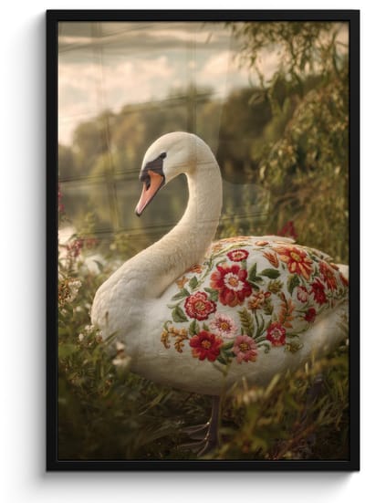 Poster in lijst - Fotolijst 60x90 cm - Posters - Zwaan - Bloemen - Natuur - Posterlijst zwart - Decoratie - Wanddecoratie woonkamer - Muurdecoratie slaapkamer