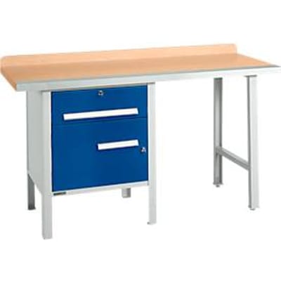 Schäfer Shop Select PWi 150-2 combinatiewerkbank, beuken multiplex blad, met stalen rand, tot 750 kg, B 1500 x D 700 x H 840 mm, gentiaanblauw