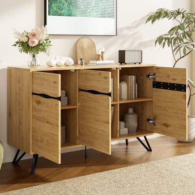 MODENUIT Dressoir - 3 Deuren Met Opbergruimte - Voor Woonkamer, Eetkamer En Hal - Zwart En Houtlook - 140x40x75,5 Cm