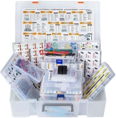 5228-delige elektronische componentenset - Bevat condensatoren, transistoren, potentiometers, diodes, geïntegreerde schakelingen, spoelen, spanningsregelaars, MOSFET's, trimmerpotentiometers, LED's, printplaten, fotoweerstanden en weerstanden.