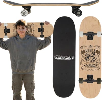 DISNEY Mickey Mouse STEAMBOAT Houten skateboard 79 cm, skateboard voor jongeren, groot, licht en stabiel tot 100 kg