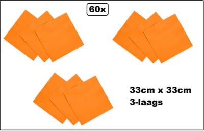 60x Servetten oranje 33cm x 33cm - 3 laags - Cocktail servet diner eten knoeien restaurant BBQ thema feest verjaardag feest