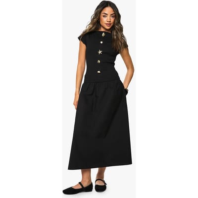 boohoo Dames Goudkleurig Afgezette Ribgebreide Poplin Mix Midaxi Jurk | Black | Maat: 6