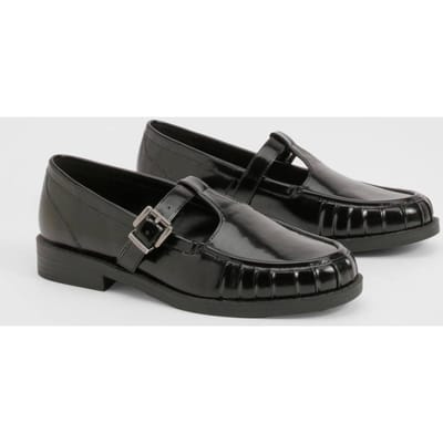 boohoo Dames Gerimpelde T-Bar Loafers met Details | Black | Maat: 3