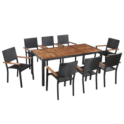 vidaXL - 9-delige - Tuinset - poly - rattan - en - acaciahout - zwart