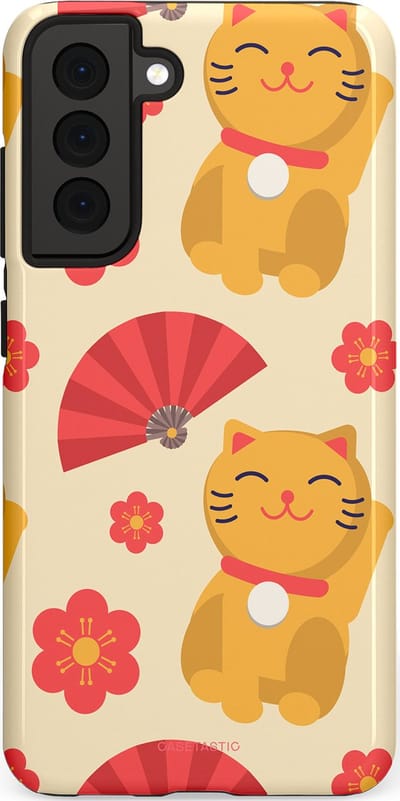 Casetastic hoesje geschikt voor Samsung Galaxy S21 FE 5G - Dubbellaagse bescherming - Japanse Poezenvreugde - Lucky Cats - Fashion Case - Crème Koraal Goud