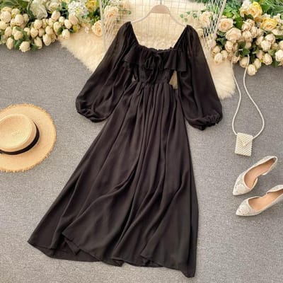 Chique elegante vierkante kraag maxi-jurk dames effen chiffon bladerdeeg mouw jurken Koreaanse mode vintage ruche vestidos One Size