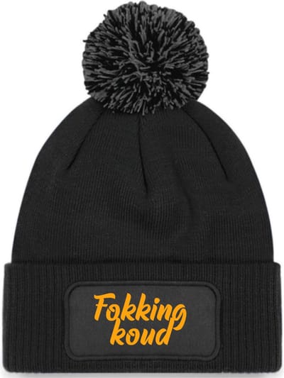Wintermuts zwart pomp. | fluor oranje - Fokking koud (cursief) - soBAD. | Wintersport | Après ski outfit Warme Muts voor Volwassenen | Heren en Dames Beanie