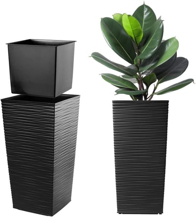 KADAX Bloempot, bloembak van kunststof, plantenbak voor bloemen, binnen en buiten, tuin, balkon, terras, huis, weerbestendig, imitatie rotan (57 cm hoog, zwart)