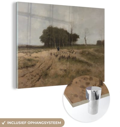 ® Glasschilderij 160x120 cm - Schilderij acrylglas - Heide bij Laren - Schilderij van Anton Mauve - Foto op glas - Muurdecoratie woonkamer - Wanddecoratie slaapkamer - Schilderijen