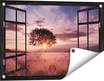 Gards Tuinposter Doorkijk Bloemenveld met Lavendel bij Zonsondergang - 60x40 cm - Tuindoek - Tuindecoratie - Wanddecoratie buiten - Tuinschilderij