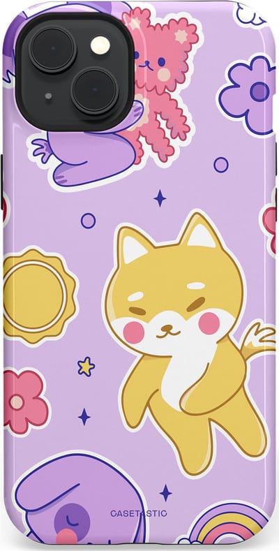 Casetastic hoesje geschikt voor Apple iPhone 15 Plus - MagSafe - Dubbellaagse bescherming - Knuffelvriendjes - Fashion Case - Lichtroze Lila Goud