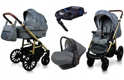 BabyLux® Kinderwagen 4in1 – ASPERO - SILVER STONE - Opklapbare Wandelwagen incl. Reiswieg, Multifunctionele Buggy Sportstoel, Autostoel, ISOFIX basisstation - Combi-kinderwagen met Luiertas, Regenhoes, Klamboe
