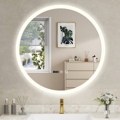 Puluomis 70cm Badkamerspiegel - met LED-verlichting - Ronde Frameloze Spiegel - Tijd- en temperatuurweergave - Ontwaseming
