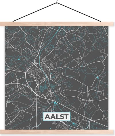 Posterhanger incl. Poster 40x40 cm - Schoolplaat - België – Aalst – Stadskaart – Kaart – Blauw – Plattegrond - Textielposter - Blanke latten - Stadskaart