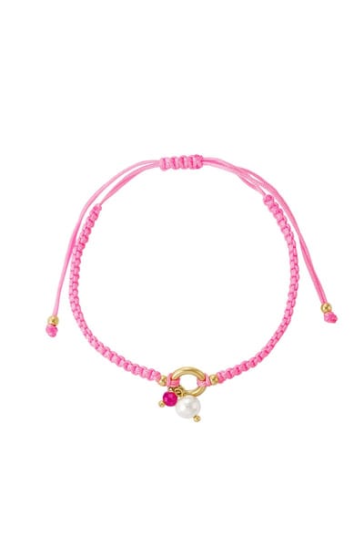 Gevlochten Armband Met Parel - Verstelbaar Koord - Fluor / Neon Roze - Stainless Steel - Parel - Glaskraal - Touw armband - Polyester armband - Enkelbandje - Charm sieraden - Ibiza - Boho - Cadeau - Festival