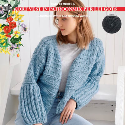Breipakket kort vest in een patroonmix met Per Lei Gots-mt.36/38- model 05 van Lana Grossa Easy 01-antraciet