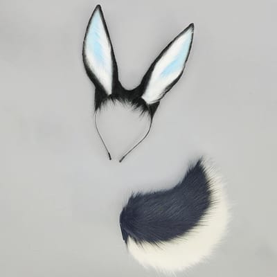 Lot de 2 pièces Bandeau Oreilles de Lapin Moelleuses Queue Accessoire Cosplay Peluche Animal Headband Oreilles de Lapin Réglables Expo Anime Fête Queue d'Animal ear and tail