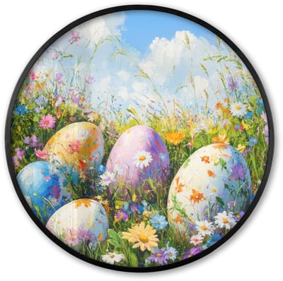 Poster in lijst Rond - Fotolijst 60x60 cm - Posters - Grasveld - Eieren - Bloemen - Ronde posterlijst zwart - Decoratie - Wanddecoratie woonkamer - Muurdecoratie slaapkamer
