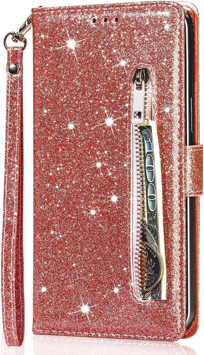 Portemonnee Hoesje - Wallet Case - Rits Sparkly Glitter - Telefoonhoes met Kord Geschikt voor: Samsung Galaxy S22 Ultra - Rosegoud