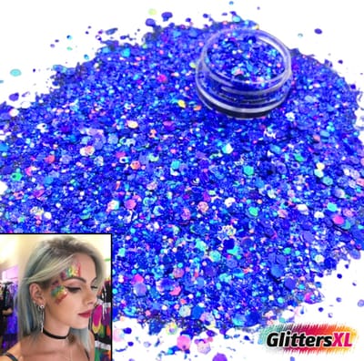 GlittersXL® Chunky Glitters (Blauw) voor Lichaam en Gezicht - Biologisch Afbreekbaar Festival Glitters - Face & Body Jewels Make-up - Glittergel Tattoo - Carnaval Feest Dames Vrouwen