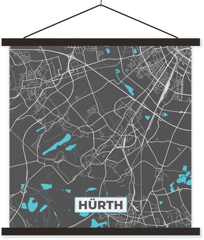 Posterhanger incl. Poster 120x120 cm - Schoolplaat - Kaart – Plattegrond – Stadskaart – Hürth – Duitsland – Blauw - Textielposter - Zwarte latten - Stadskaart