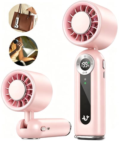 Koelende Mini-Handventilator - Opvouwbaar & Stil met LED Display en Licht - USB-C Snel Opladen - Voor Kantoor, Reizen, Camping, Strand - roze