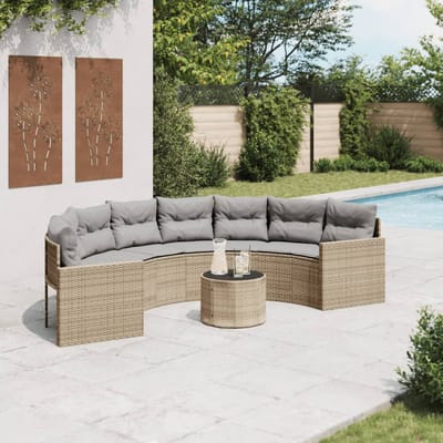 vidaXL - Tuinbank - met - tafel - en - kussens - halfrond - poly - rattan - beige