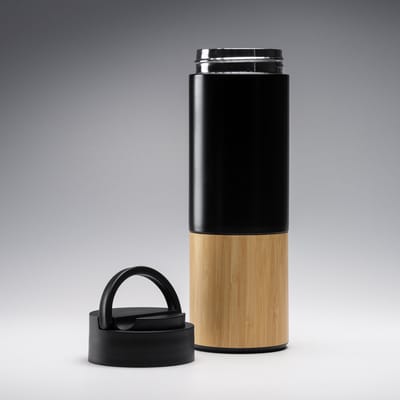 RVS thermosfles dubbelwandig met bamboe details 450ml, smartphone ondersteuning in handgreep model Coiba