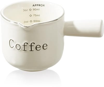 Keramische kop met handvat, maatbeker met dubbele maatstreep, espressokopje met V-vormige tuit, espresso-accessoire van 85 gram.