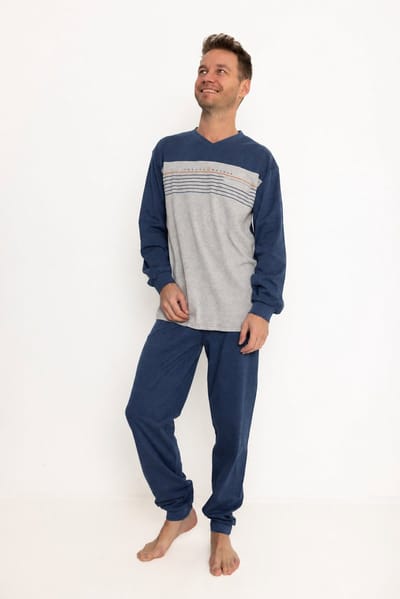 Outfitter - heren pyjama interlock 421913 - warme pyjamaset - donkerblauw met V-hals - maat L
