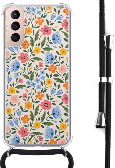 Hoesje met koord geschikt voor Samsung Galaxy S21 - Romantische bloemen - Inclusief koord - Crossbody beschermhoes - Transparant, Multi - Mooie Telefoonhoesjes