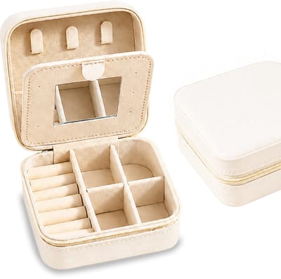Somstyle Sieradendoos met Spiegel - 10 x 10 x 5 CM - Juwelendoos voor op Reis - Sieradenhouder - Beige