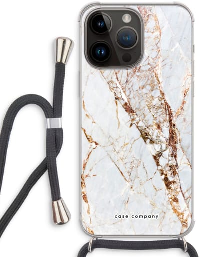 Case Company® - Hoesje met koord geschikt voor iPhone 14 Pro Max hoesje met Koord - Goud marmer - Telefoonhoesje met Zwart Koord - Bescherming aan alle Kanten en Over de Schermrand