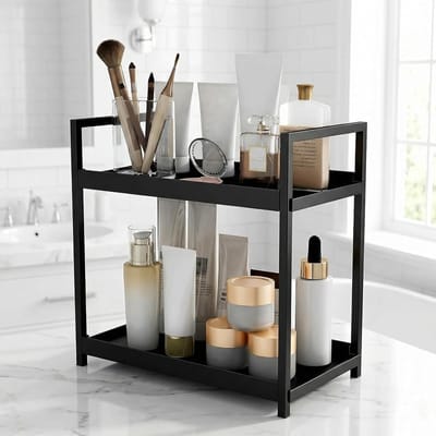 Cosmetica Organizer met 2 Niveaus, Opbergrek voor Make-up, Parfum en Huidverzorging, Ideaal voor Badkamer en Slaapkamer, 30 x 17 x 30 cm, Zwart, Ruimtebesparend en Functioneel