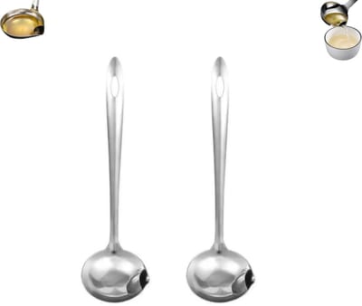2 stuks - Roestvrijstalen lepel - Oliescheider met schenktuit - Oliezeef met lange steel - Multifunctionele oliezeef - Soep- en oliescheider - Keukenlepel van 28 cm - Geschikt voor alle soorten soepen, bouillons, sauzen en jus