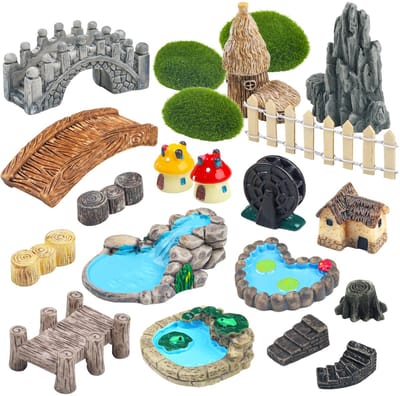 21-delige feeëntuin miniaturen accessoires set: brug, huis, landschap, water, fontein, hek, figuren, vijver, paddenstoel, gazon, tuinornament voor doe-het-zelf handwerk, vetplantendecoratie