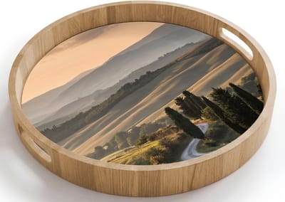 Dienblad rond 40x40 cm - Schootdienblad hout - Toscaans - Landschap - Heuvels - Borrelplank rechthoek - Plateau houten dienbladen