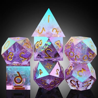 RPG Dobbelstenen Set - Hars Dobbelstenen - Tafelspel Avonturen - Scherpe Randen - 7 Stuks - Iriserend Lila