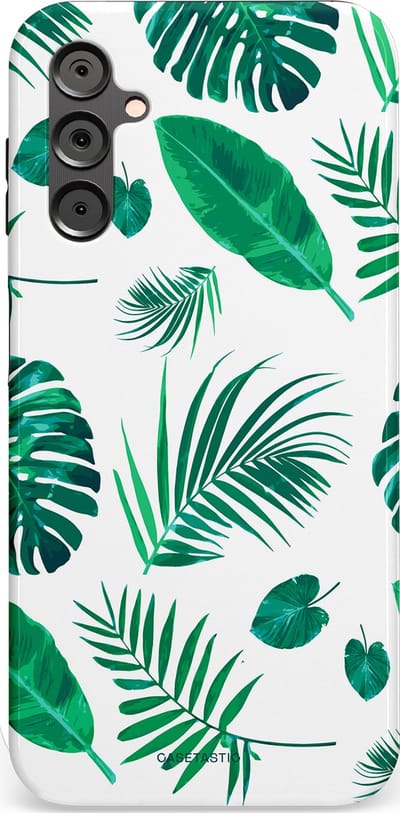 Casetastic Hoesje Geschikt voor Samsung A14 (5G/4G) - Stijlvolle Beschermende Duo-layer Case - Groene Witte Jungle Bladeren Print