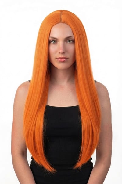KIMU® Luxe Lange Oranje Pruik - Middenscheiding - Haarwerk Krullen Pony - Koper Roodoranje Roodbruin Herfst Pompoen Halloween Festival