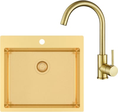 GURARI Roestvrijstalen spoelbak TERRA 100 N + Keukenkraan 5523, Inbouwspoelbak 550x505 mm, goud, rechthoekig