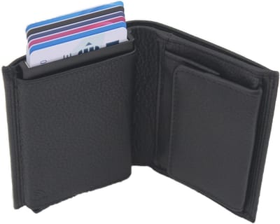 OI zwarte leren billfold met cardprotector en wiener schachtel / compact portemonneetje met Figuretta pasjeshouder en vierkant vouwbakje voor muntgeld / compleet beursje met anti skim kastje / RFID SAFE / zwart / 148