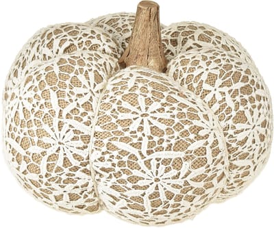 Stoffen pompoendecoratie jute kant wit/beige vintage decoratie Ø18cm