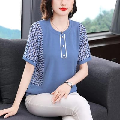 T-shirt met korte mouwen voor Dames Zomer Nieuwe Stijl Middelbare leeftijd Moeder T-shirt met Grote Maat Dikke Mm Losse Modieuze Top 4XL blauw