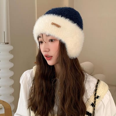 Chapeau en laine tricoté pour grande circonférence de tête Automne Hiver Chapeau épais en peluche chaud pour l'hiver Chapeau froid polyvalent à protection des oreilles contrastante One Size beige