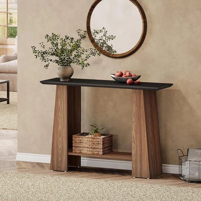 LITTLE TREE Mid-Century Sidetable - 120 x 35 x 90 cm - 2 Laags Houten Haltafel - Met Opbergrek - Voor Gang, Foyer en Woonkamer - Bruinzwart