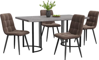 Moderne eettafelset - 5-delig - 1 eettafel en 4 stoelen - zwarte tafelpoten en grijs tafelblad - bruine eetkamerstoelen